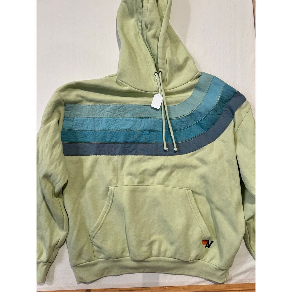 Aviator Nation Hoodie Rainbow Stripe Pullover Lime Green Relaxed Sweatshirt S NW - Picture 3 of 8